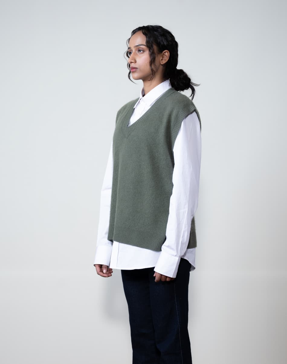  Olive green Pure Cashmere V-Neck Sweaters 